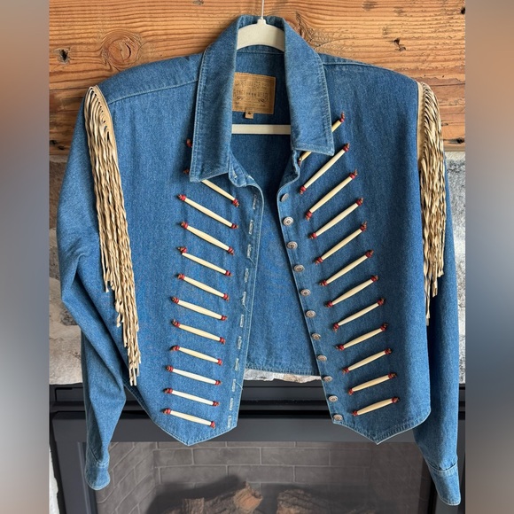 Double D Ranch Jackets & Blazers - Double D Ranch Blue Denim Fringe Jean Jacket with Bone Accents